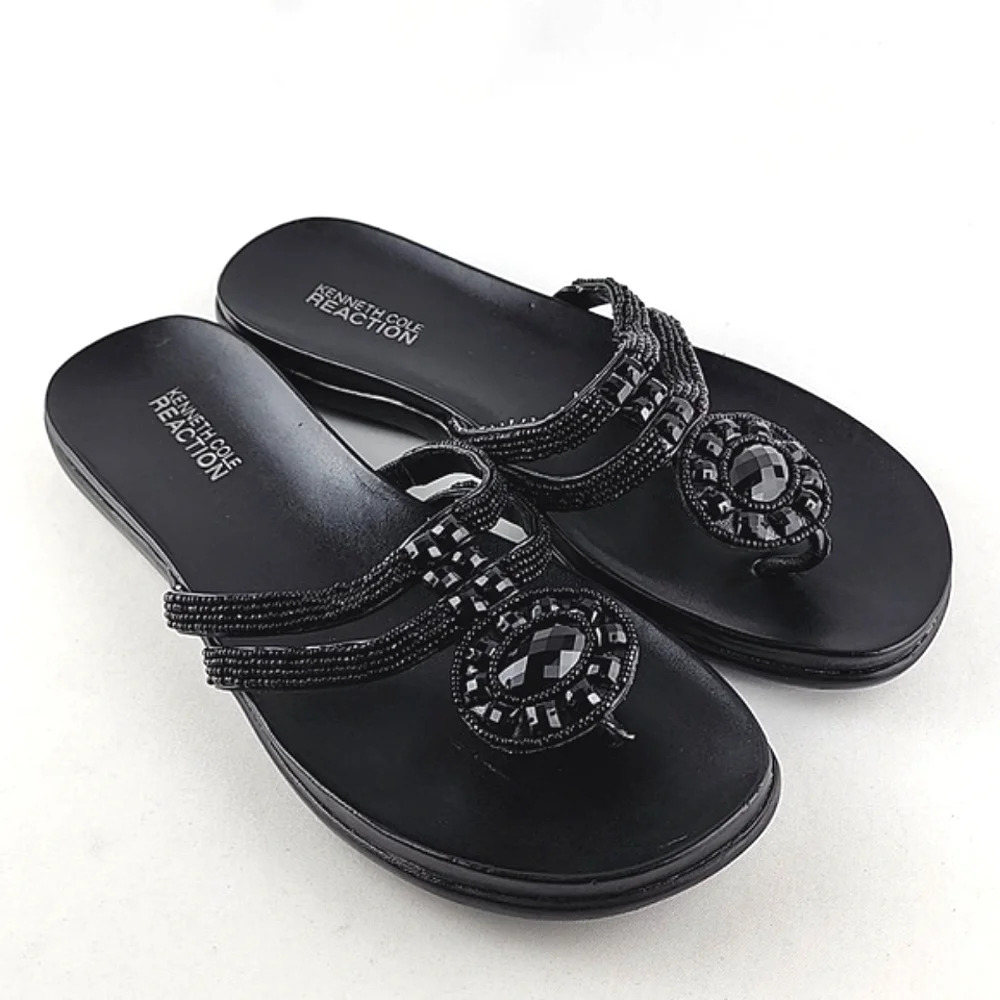 Kenneth Cole Reaction Women's Black  Glam Slam Flat Sandals Beaded Thong Size 8